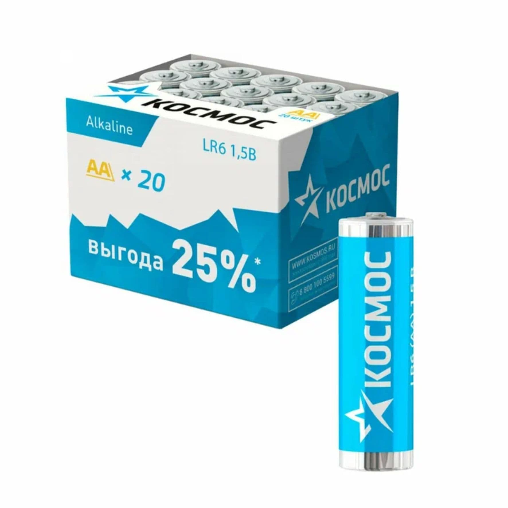 Батарейки алкалиновые AA, 1.5В, 20 шт, Космос (арт. KOCLR620BOX)