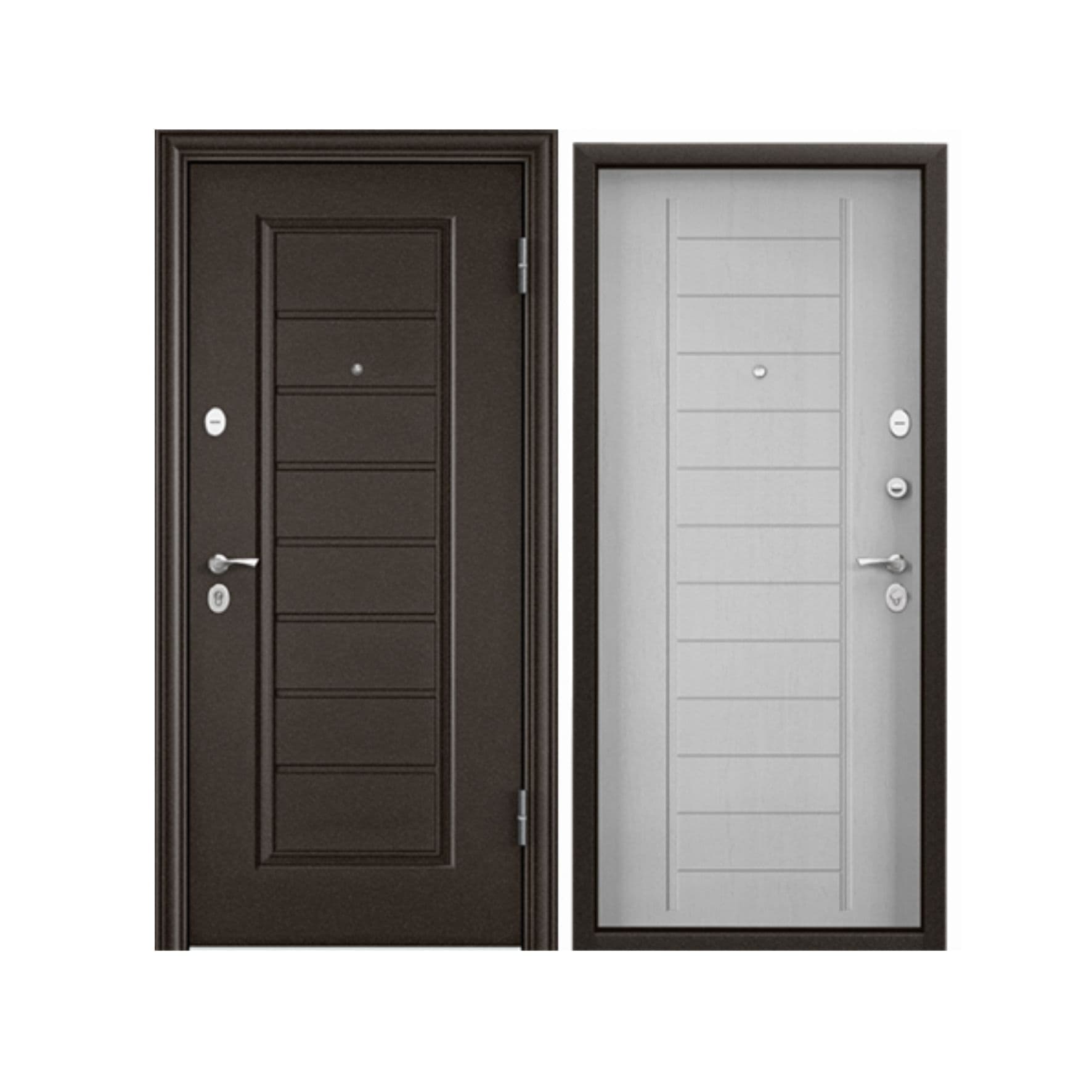 Дверь DELTA PRO MP (860 R букле коричневый, VDM-2, ПВХ Дуб белый матовый, D6-13, Броня хром