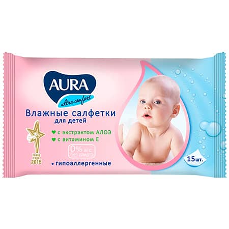 Салфетки влажные детские Aura Ultra Comfort 15шт. 13398