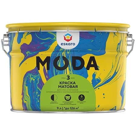 Краска моющаяся матовая Eskaro Moda 3 база TR для стен и потолков 9л.