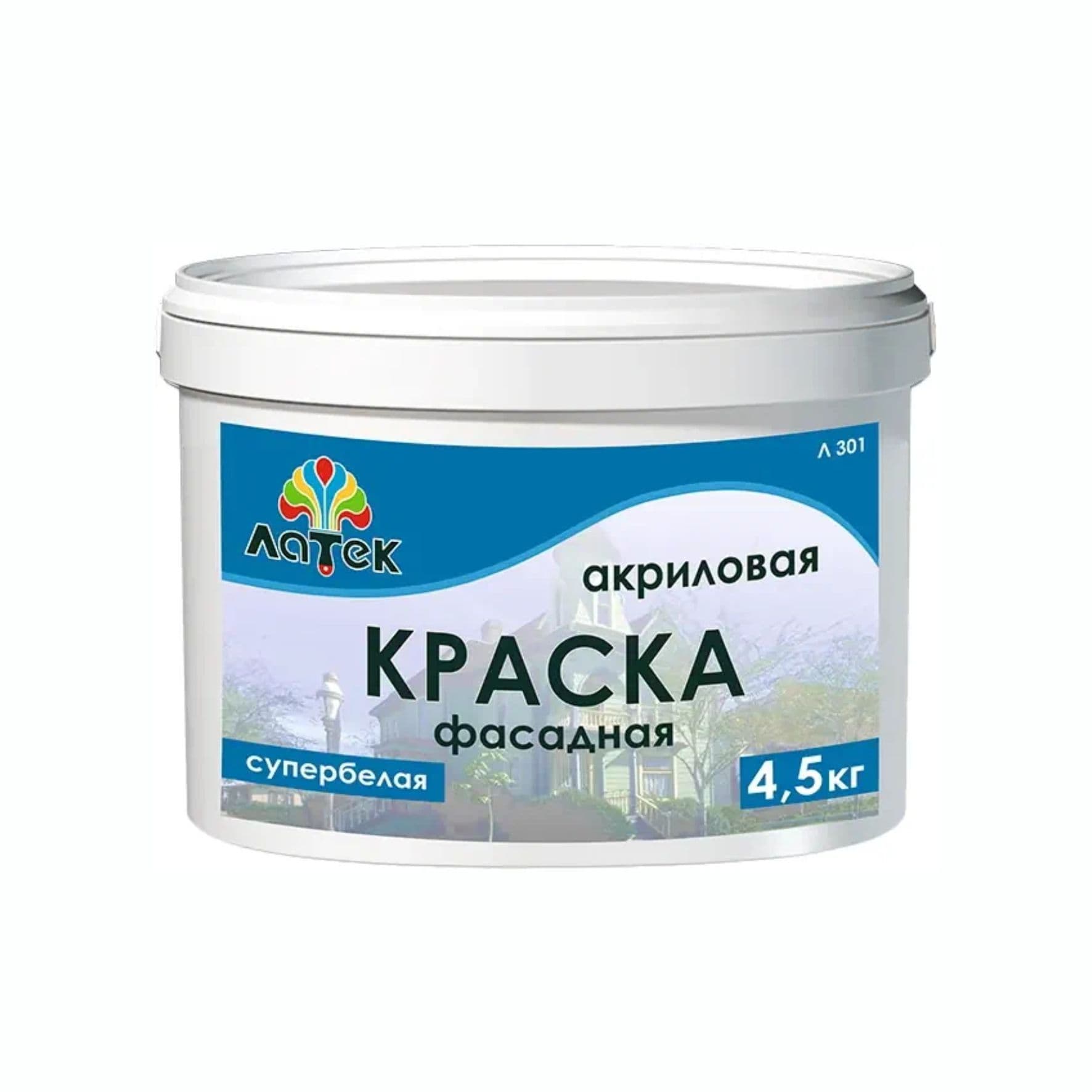 Краска в/д фасадная супербелая "ЛАТЕК" 4,5кг. Л 301/100