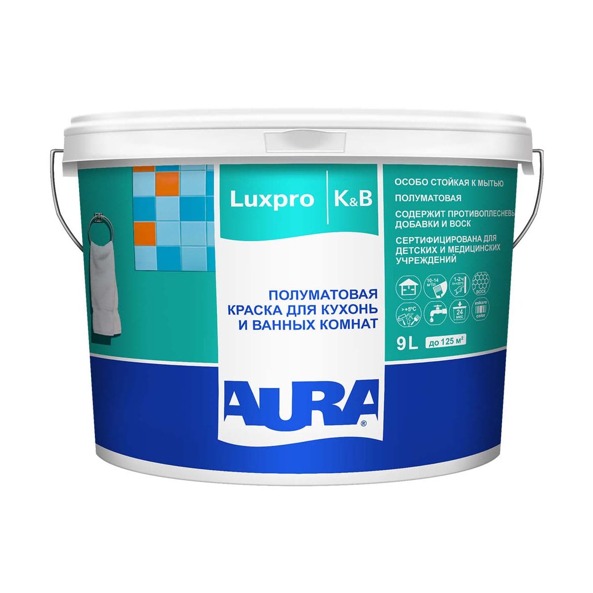 Краска для кухонь и ванных полуматовая "AURA Luxpro Kitchen & Bathroom база TR" 9л