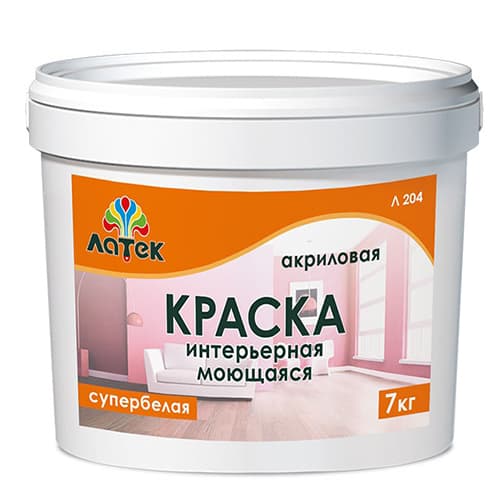 Краска интерьерная моющаяся супербелая "ЛАТЕК" 14кг. Л 204