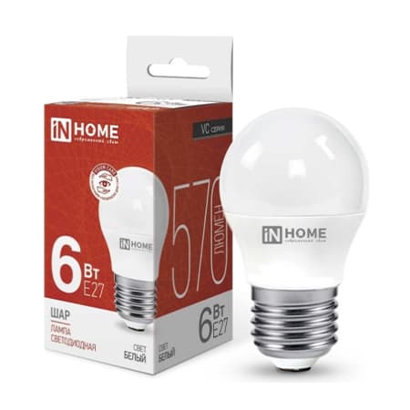 Лампа светодиодная LED-ШАР-VC 6Вт 230В E27 4000К 540лм IN HOME 4690612020532 RS