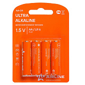 Батарейки алкалиновые AA, 1.5В, блистер 4 шт. на подвесе Airline (арт. AA04)